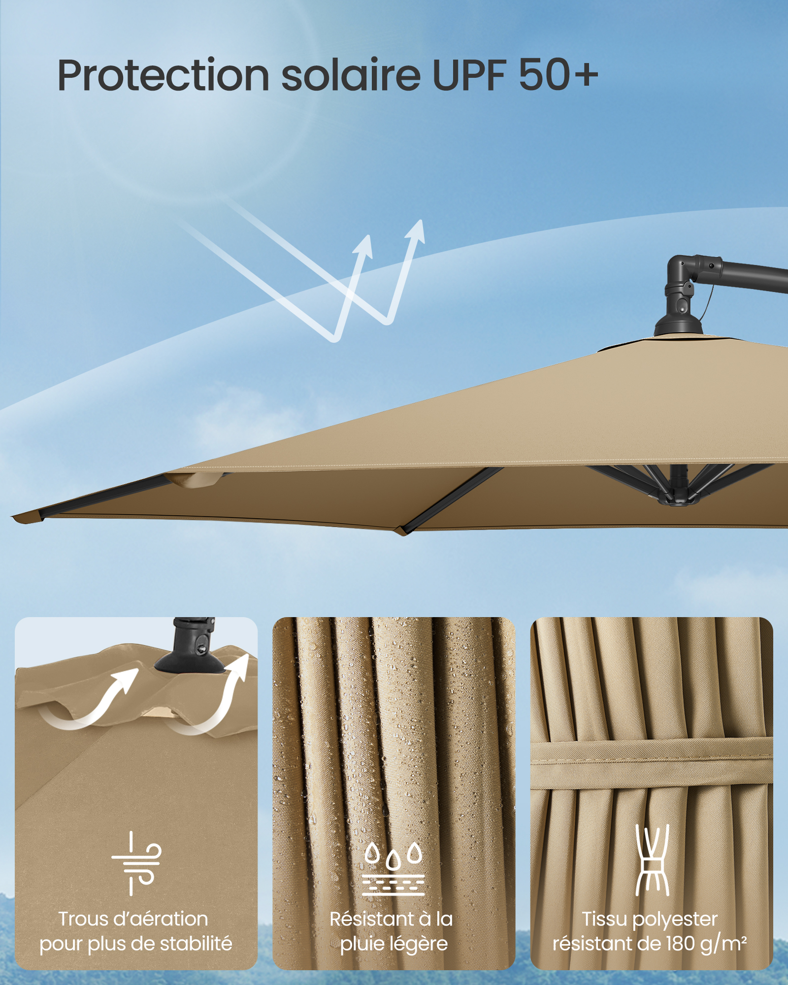 Parasol de Jardin Extérieur Déporté 300cm, avec Base, UPF 50+ Protection Solaire ,Taupe - 3