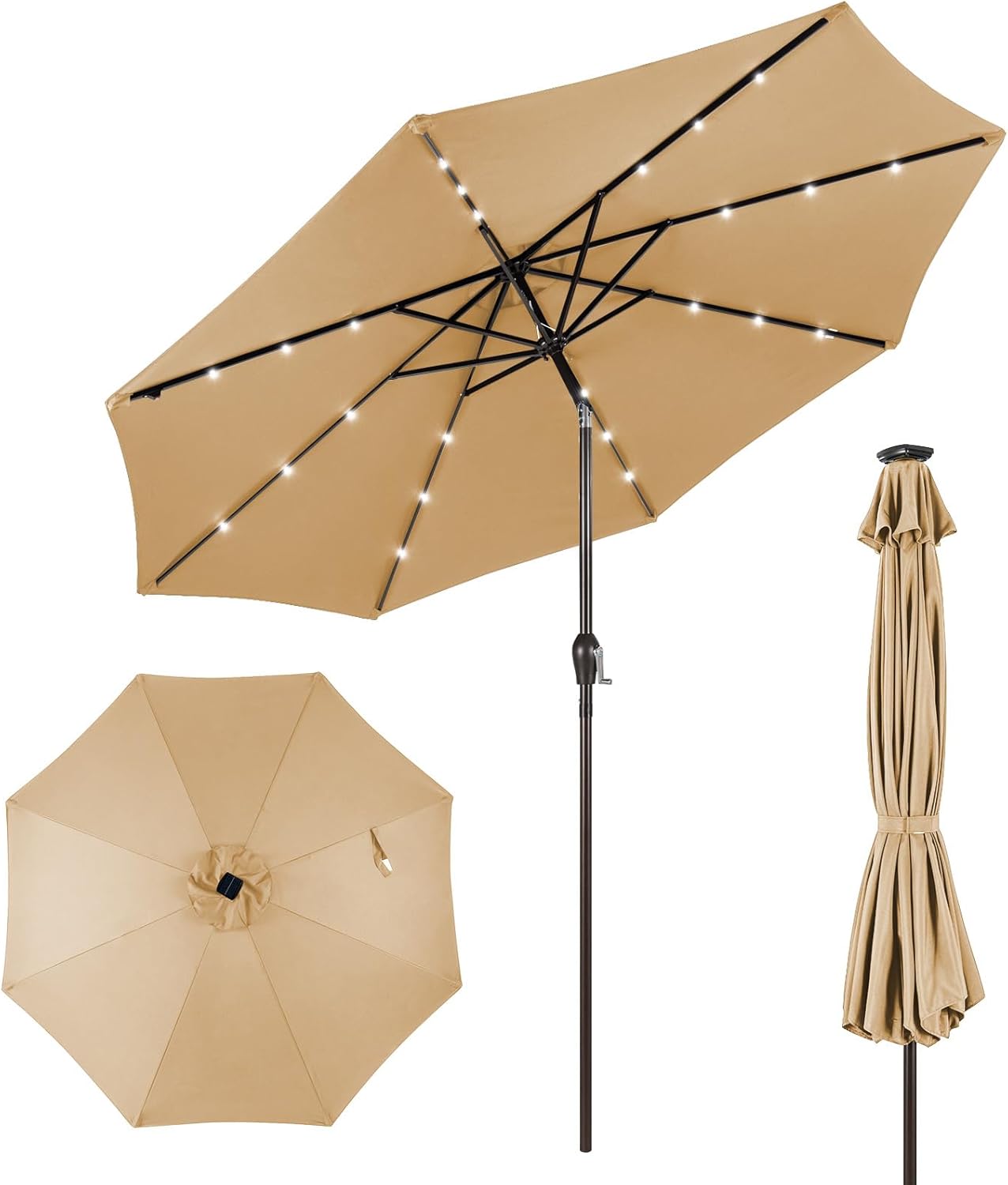 Umbrelă de grădină pentru exterior 3M, umbrelă înclinabilă cu 8 nervuri, iluminare solară cu 24 de LED-uri, manivelă, umbrelă mare din metal, bej