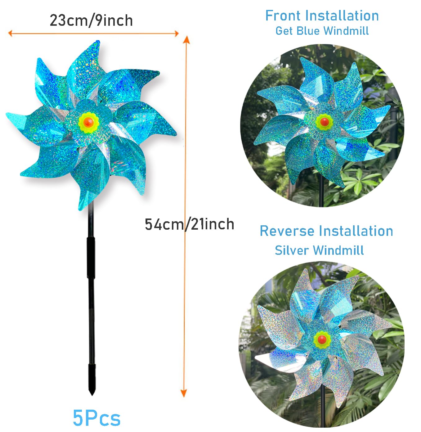 Repellente per uccelli e piccioni, 6 pezzi, mulino a vento riflettente, per frutteto, per proteggere giardino, cortile, frutteto (6 blu + argento, doppio colore