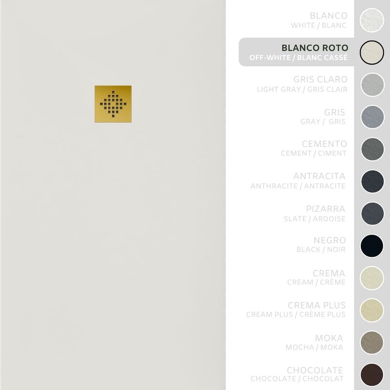 SOULHOME Brodzik prysznicowy– Żywica– Gel Coat– Gładka/Kamienna tekstura – Antypoślizgowy – złamana biel – 120x90- Niski 3 cm– Ruszt Złoty