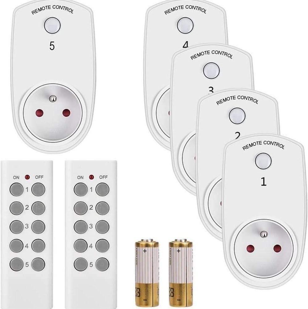 Lot De 5 Prises Télécommandées KYG - Programmable, Fonction All ON/OFF - 2 Télécommandes Incluses - Domotique Sans Fil