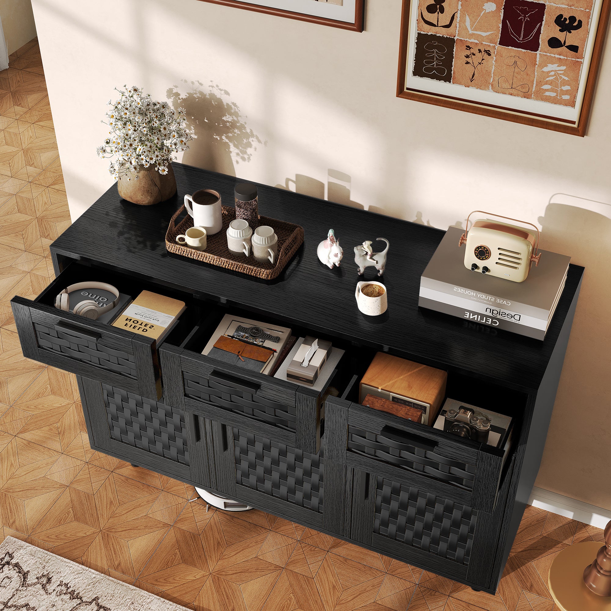 Buffet, meuble de rangement en bois noir, avec 3 portes et 3 tiroirs, meuble de rangement pour le salon, portes à motif tressé - 3