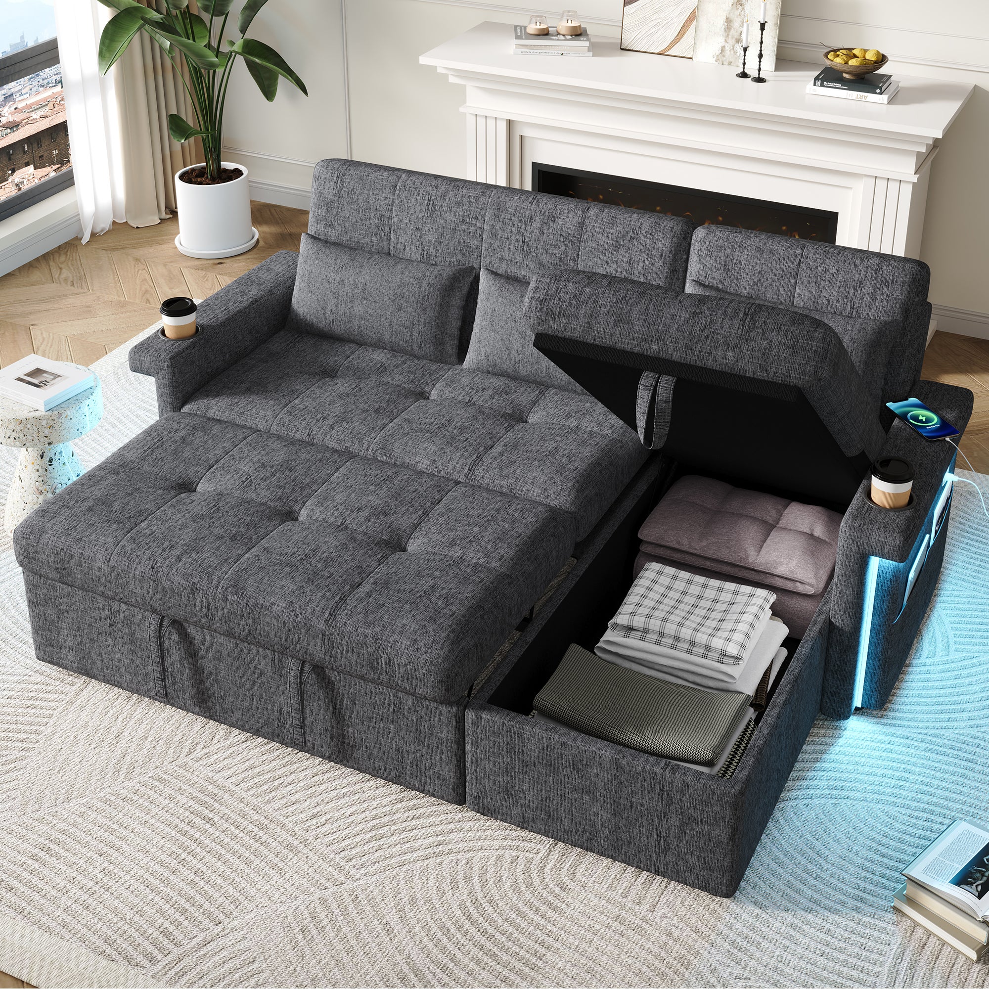 Narożnik 3-osobowy z funkcją spania, regulowanym oparciem i diodami LED - 209 x 141,5 x 90 cm - Tkanina szenilowa - Beżowy - 3
