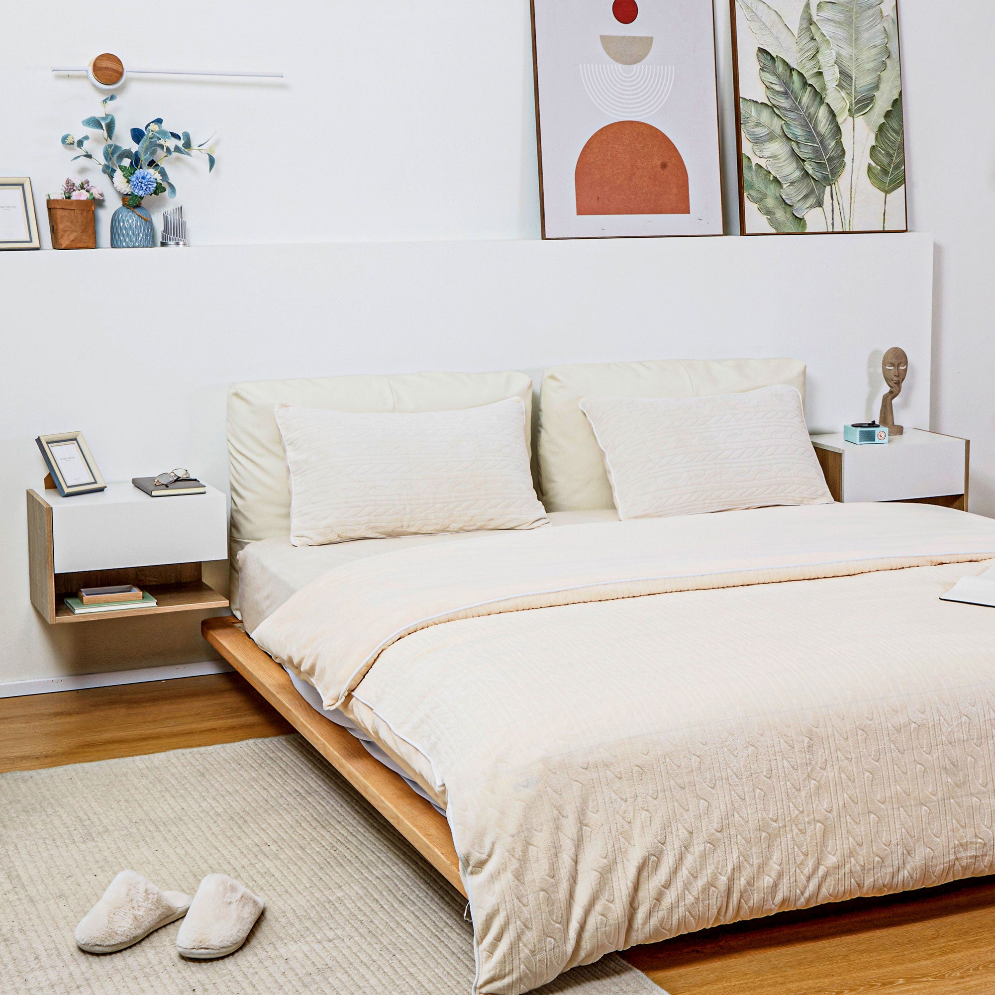 Lot de 2 tables de chevet murales - tiroir, étagère - chêne clair blanc - 3