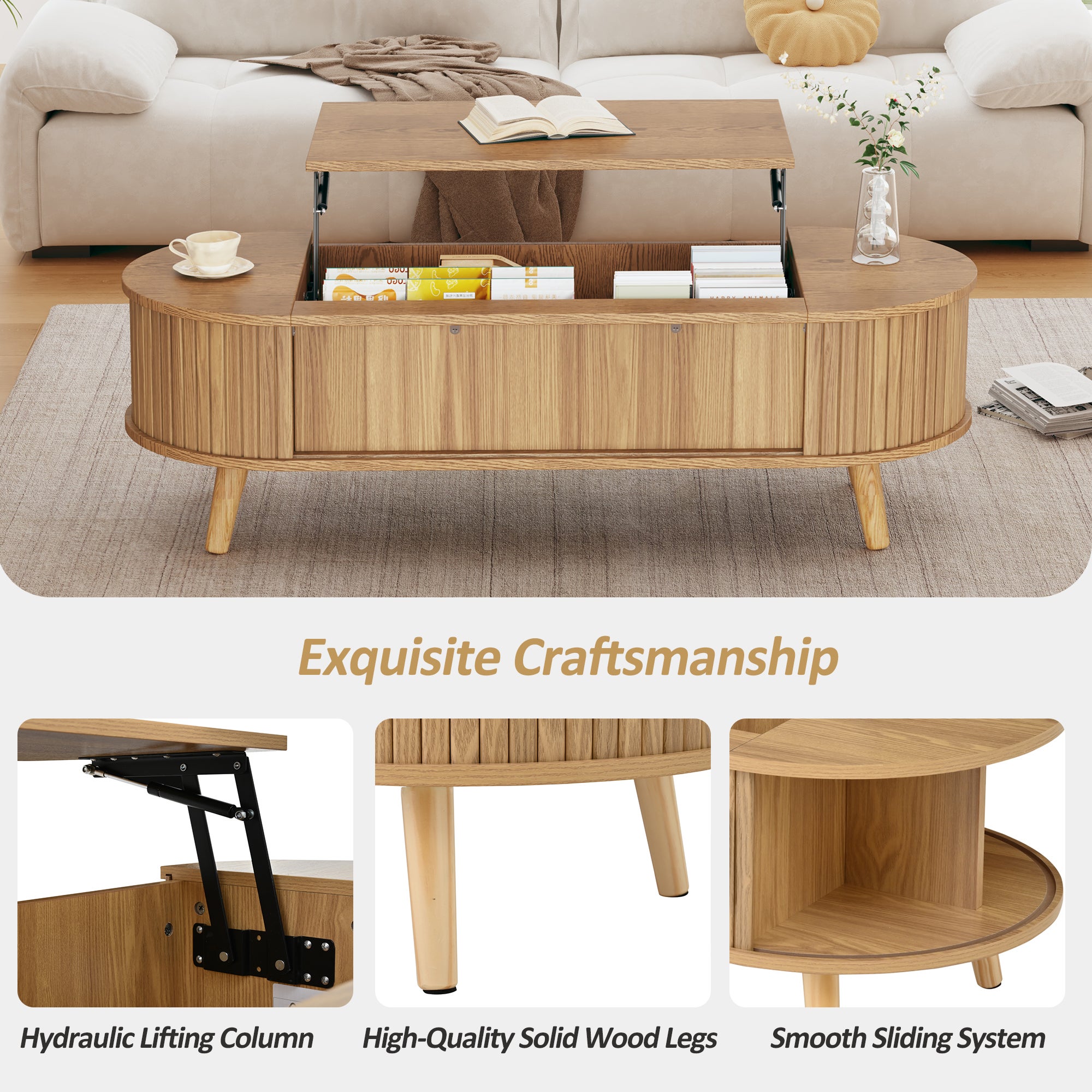 Table basse relevable 120x50x39.5 cm - 2 portes - Rangements cachés - Pieds en bois massif - Naturel - 7