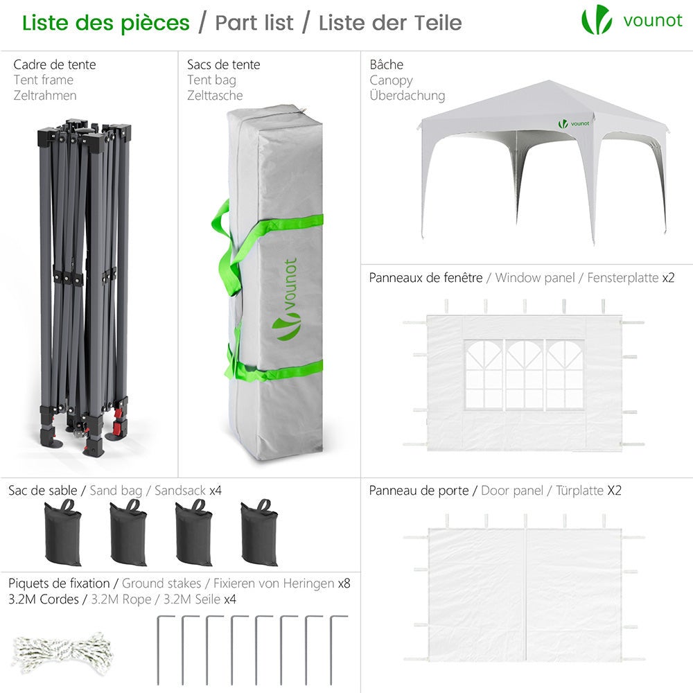 Tonnelle de jardin arquée 3x3m pliable avec porte et fenêtre amovible - Hauteur réglable - Imperméable et anti-UV - Blanc - VOUNOT® - 2