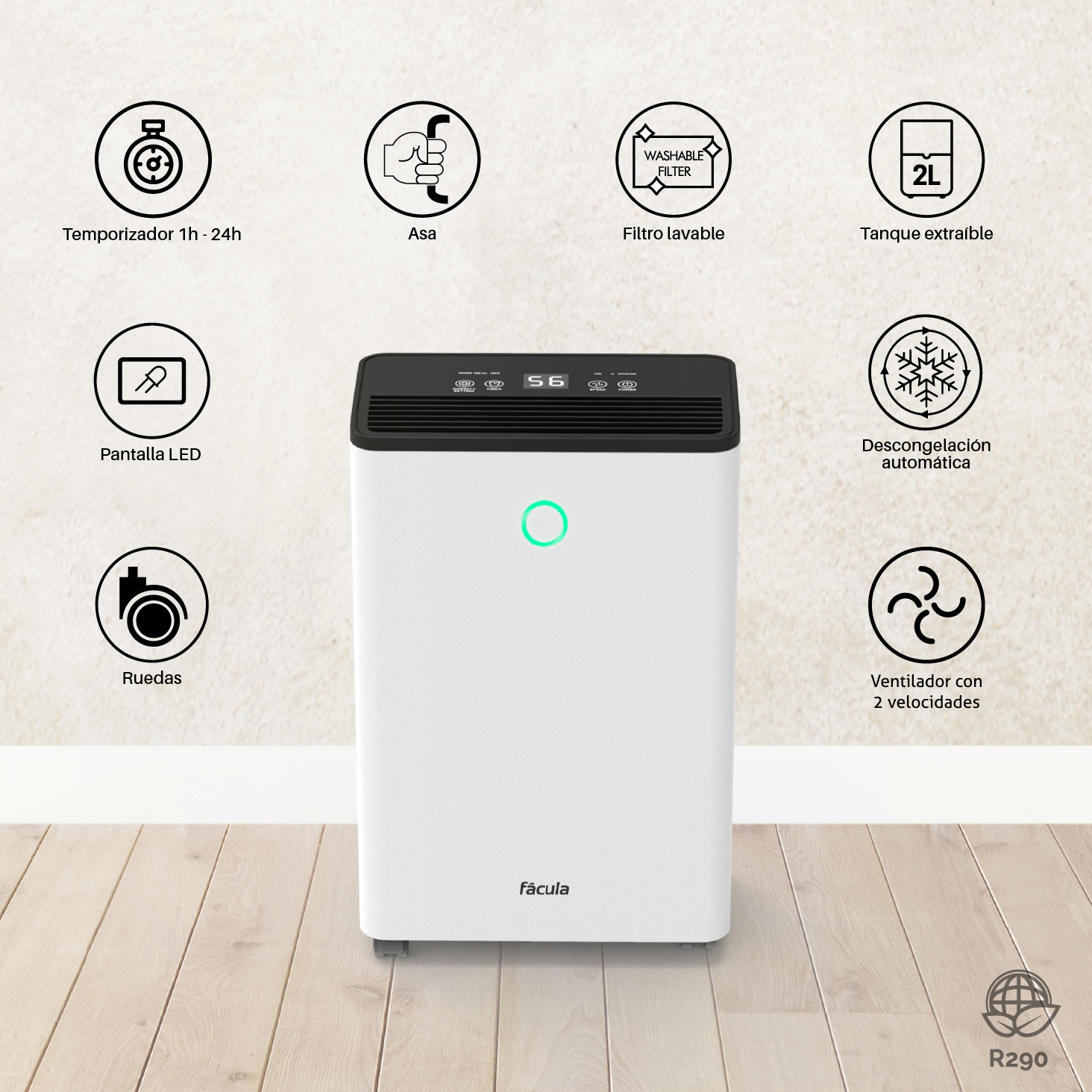 Fácula - Deshumidificador Bora 12L | Modo Auto | Modo Inteligente | Temporizador 1-24h | Función drenaje continuo - 5