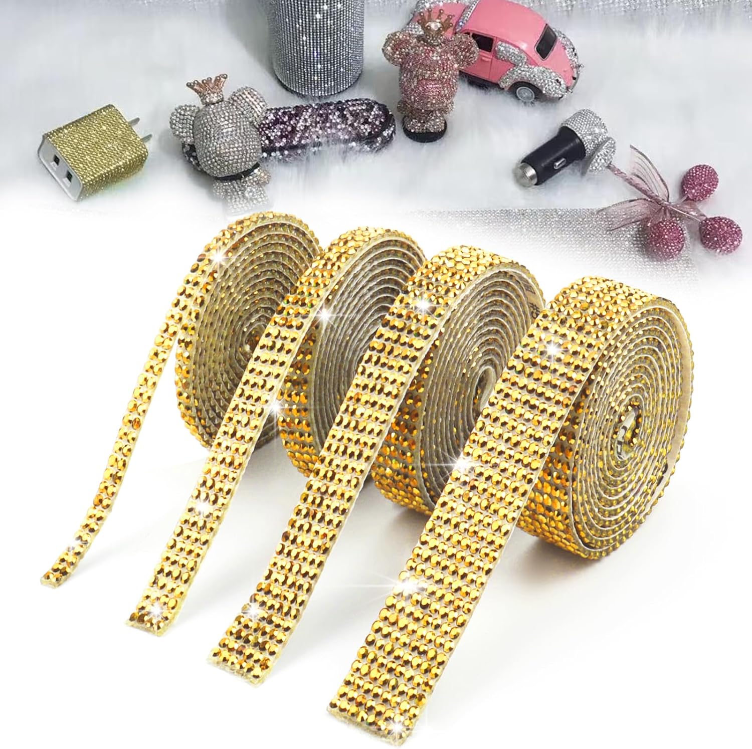 4 rolki samoprzylepnej kryształowej wstążki, samoprzylepny diament Strass Bling do sztuki i rzemiosła (złoty)