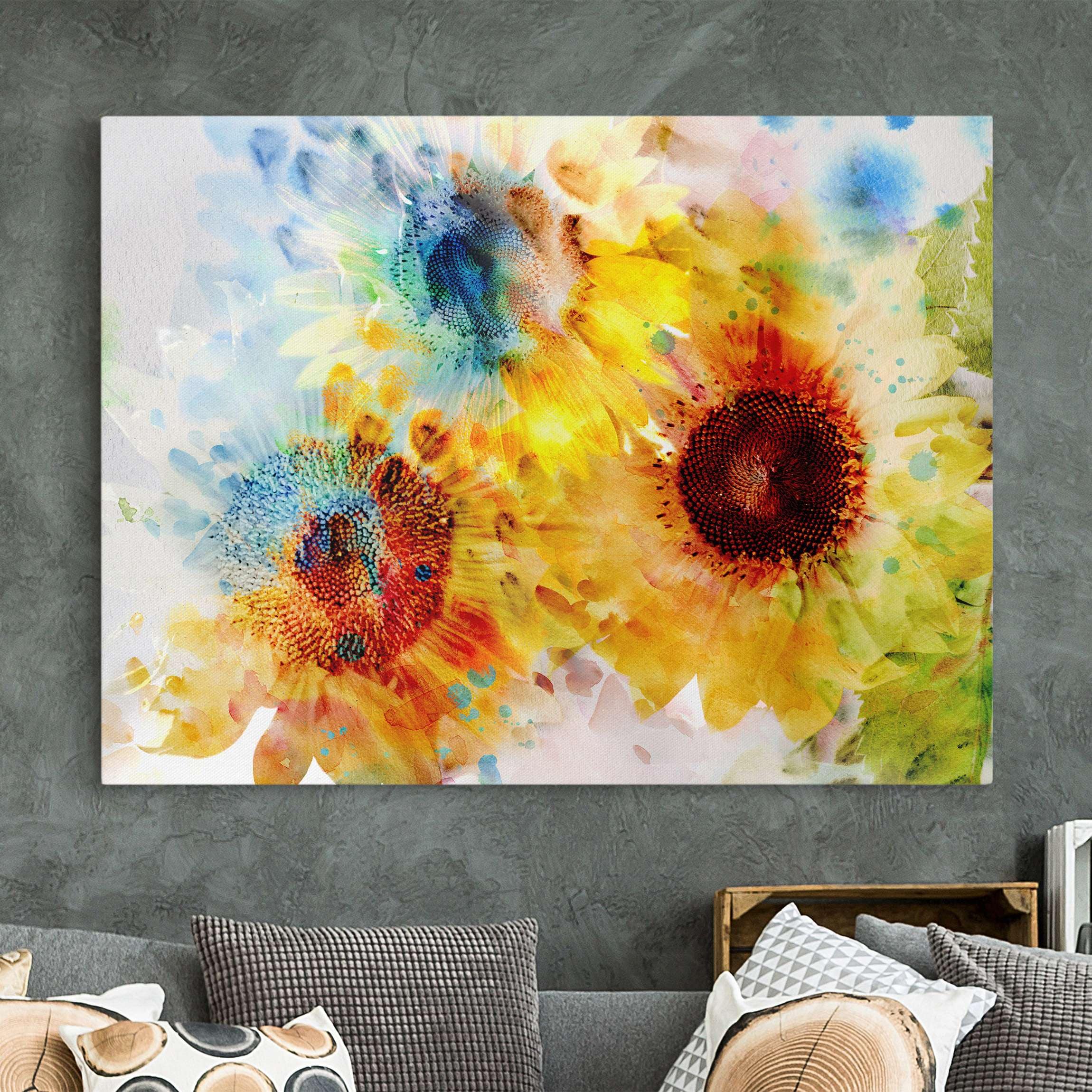 Lienzo cuadro en lienzo bastidor impresion en lienzo amarillo botánica flor girasoles acuarela pintura 179 dormitorio salón 80 x 60 cm