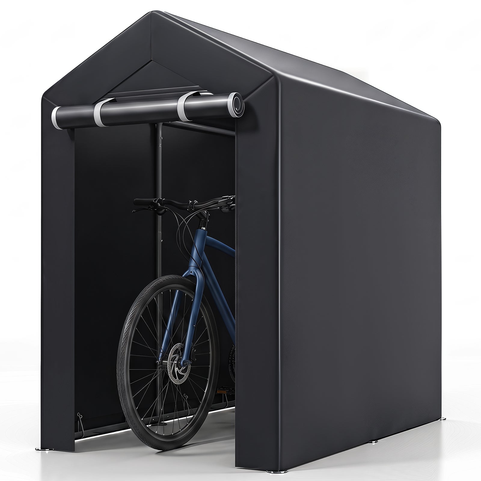 Adăpost de grădină din metal galvanizat pentru biciclete, motociclete, unelte, lemne de foc, acoperiș înclinat și ușă cu fermoar rulabilă,150x92x150cm