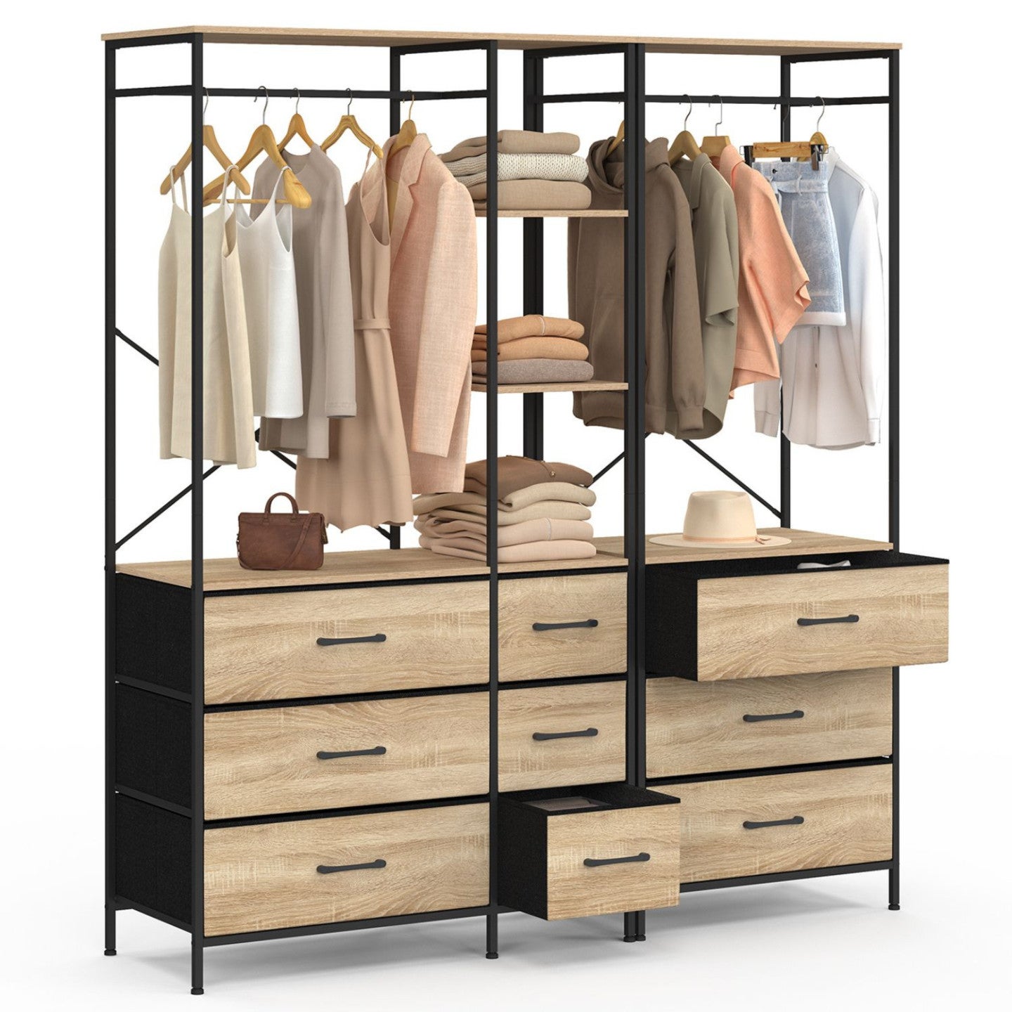 Dressing penderie modulable L. 150 cm UTAH XXL avec 3 étagères et 9 bacs en tissu bois et noir - 2