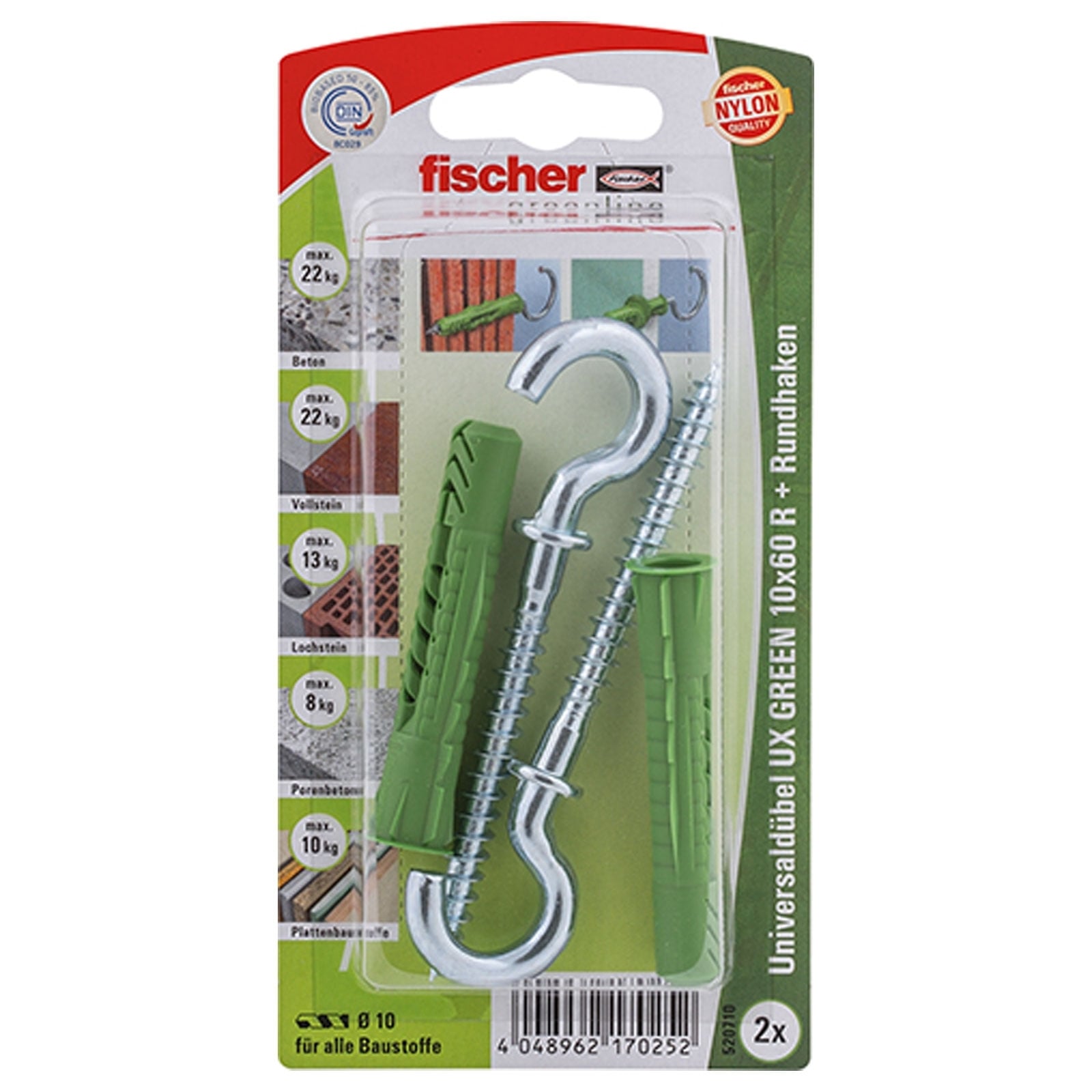 Fischer 2x uniwersalna kołek rozporowy UX GREEN 10 x 60 mm R RH z kołnierzem i okrągłym haczykiem - 520710