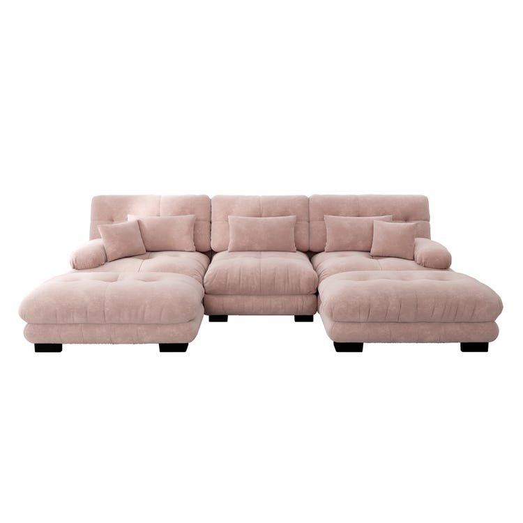 Canapé d'angle 3 place avec pouf amovible, en tissu, rose - 4