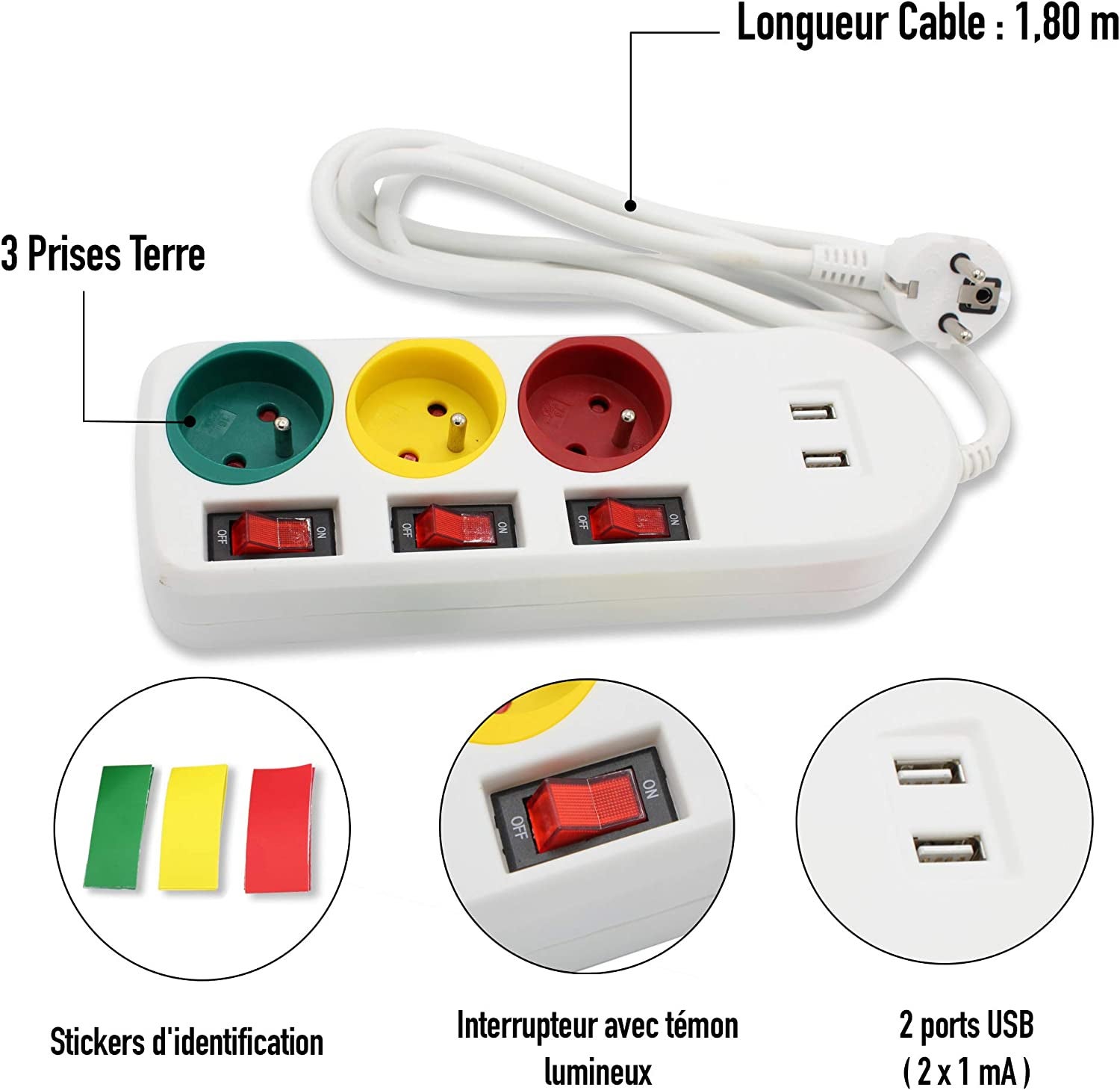 FISHTEC - Multiprise Trio Color - 3 prises avec interrupteurs individuels + 2 ports USB - 1,8 m - 3680W - ABS robuste - Maison ou bureau - 6
