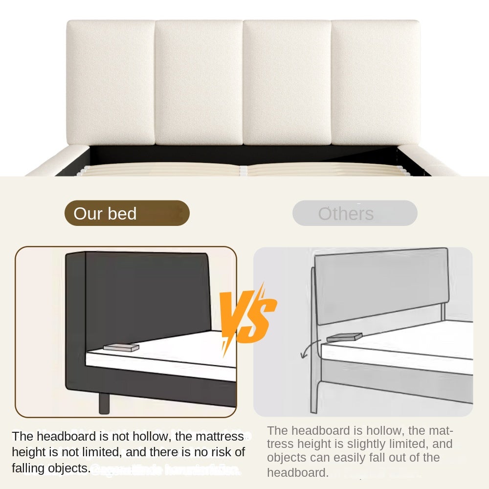Lit double 180x200 cm rembourré beige bouclé avec tête de lit 11 cm, sommier à lattes inclus, design minimaliste et stable charge 300 kg - 7