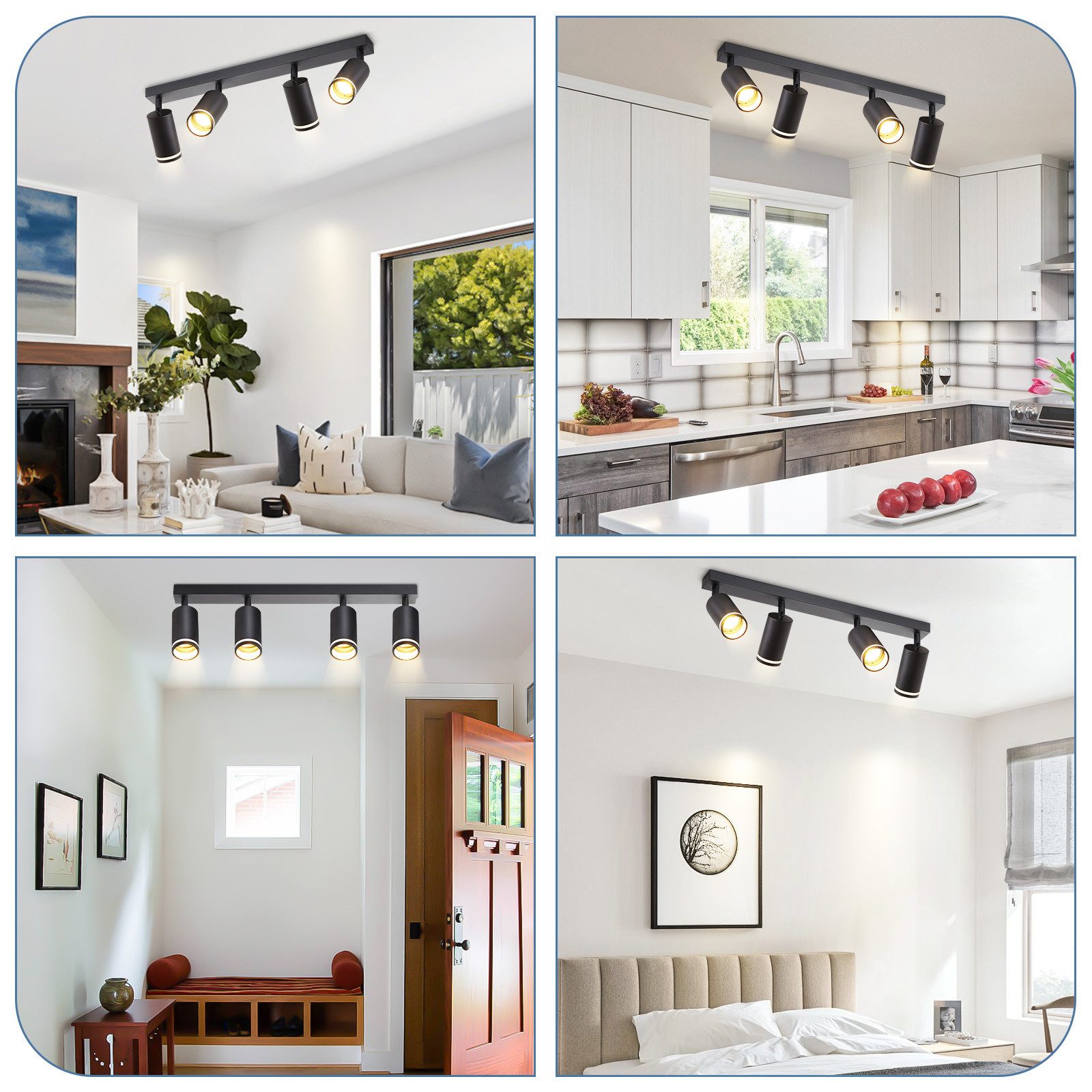 NETTLIFE Plafonnier LED 4 flamme - Noir Plafonnier GU10 Spot pivotant Applique murale en bois Spot mural pour salon chambre Sans ampoule - 8