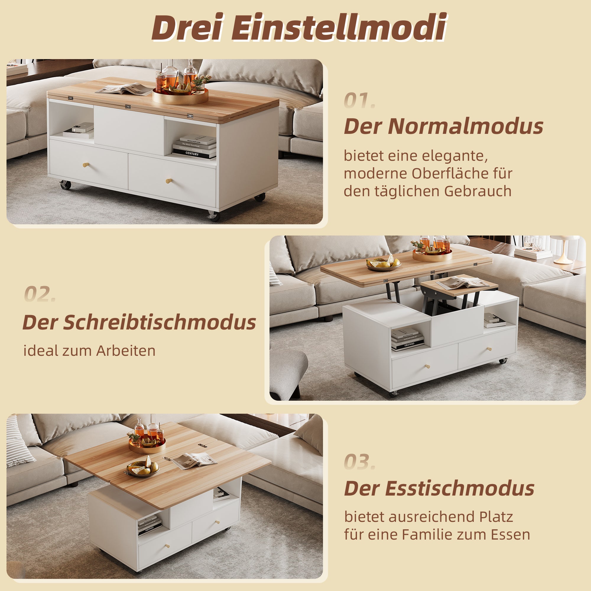Table basse relevable mobile avec 4 tiroirs et 2 compartiments - 100 x 50 x 47,5 cm - MDF - Blanc + naturel - 5