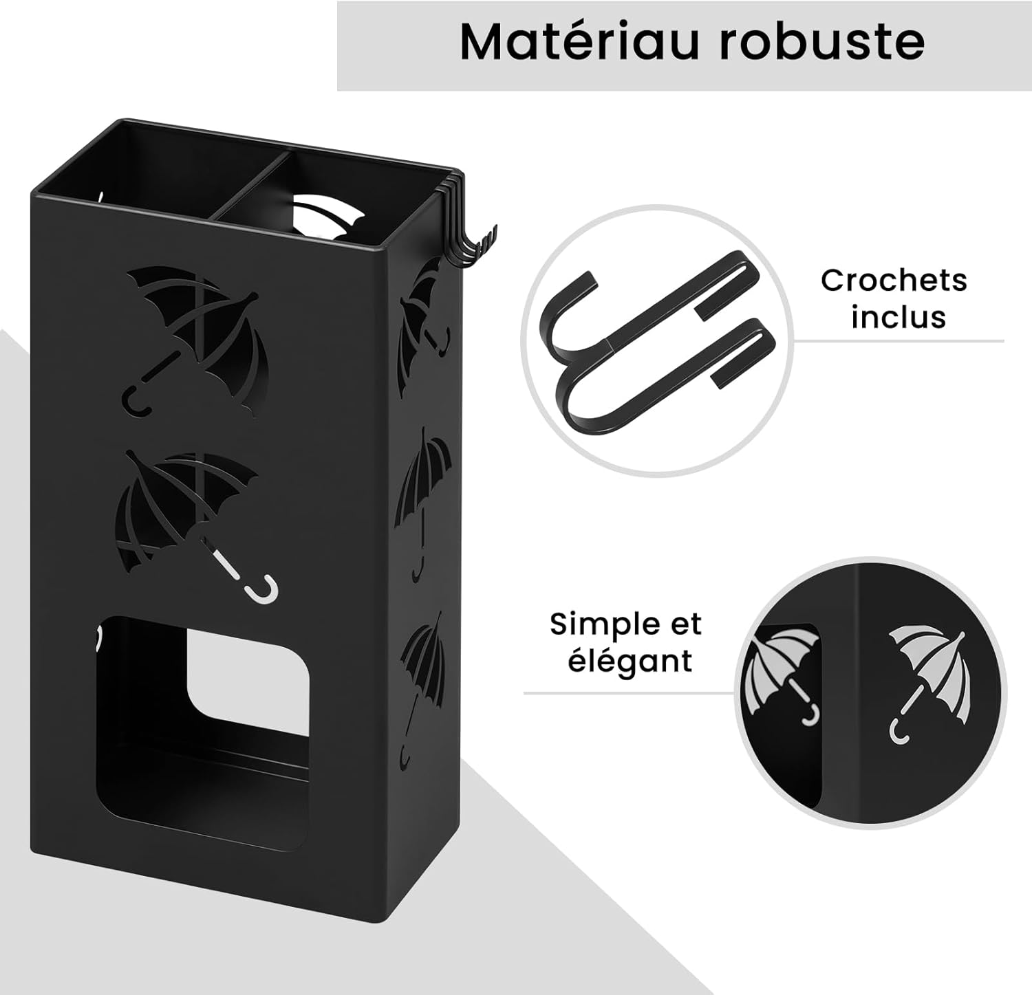 Porte-Parapluie avec 4 Crochets WOLTU, Porte-Parapluie avec 2 Zones Séparées, en Métal Antirouille, Noir - 5