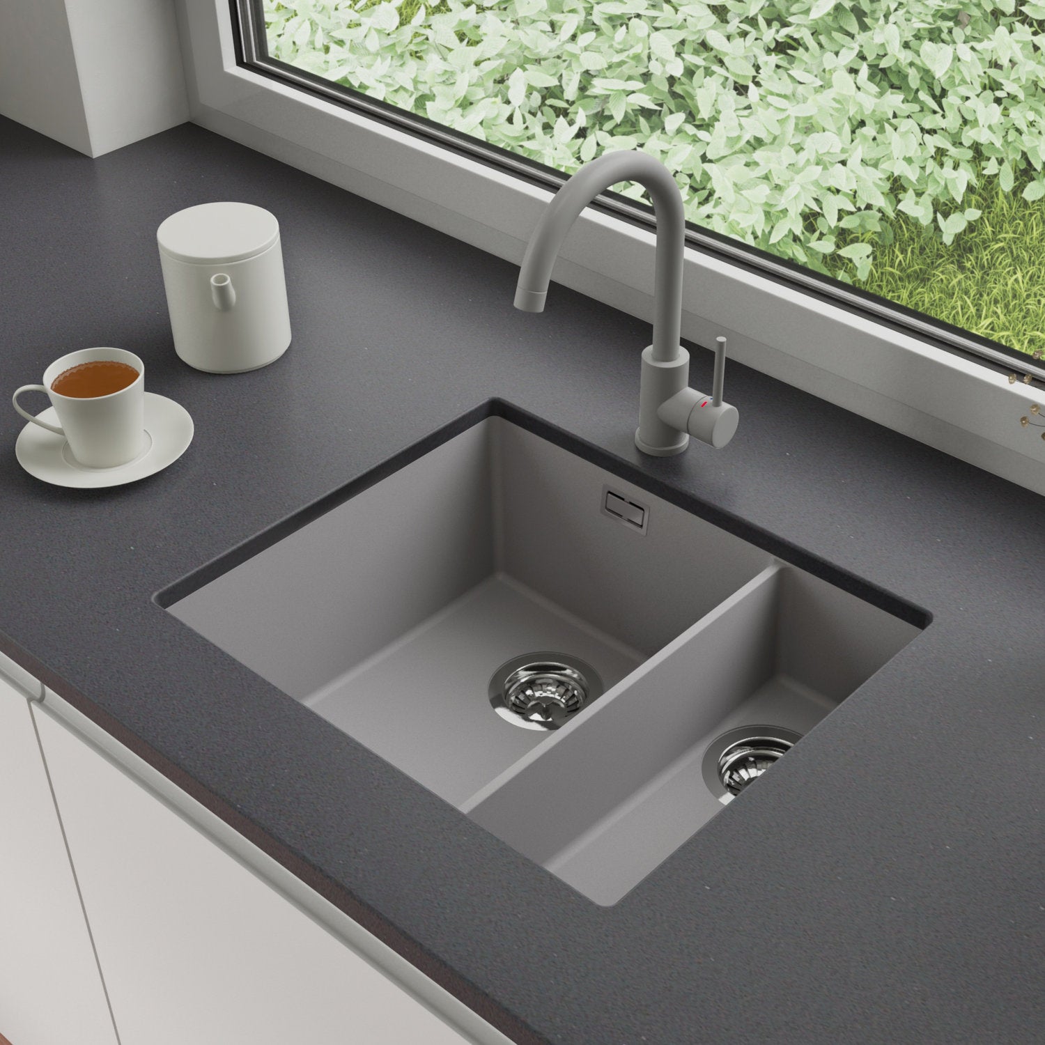 Zlewozmywak podblatowy 56x47cm, do szafki od 60cm + Bateria + Syfon - Agate Szary STONESTYLE