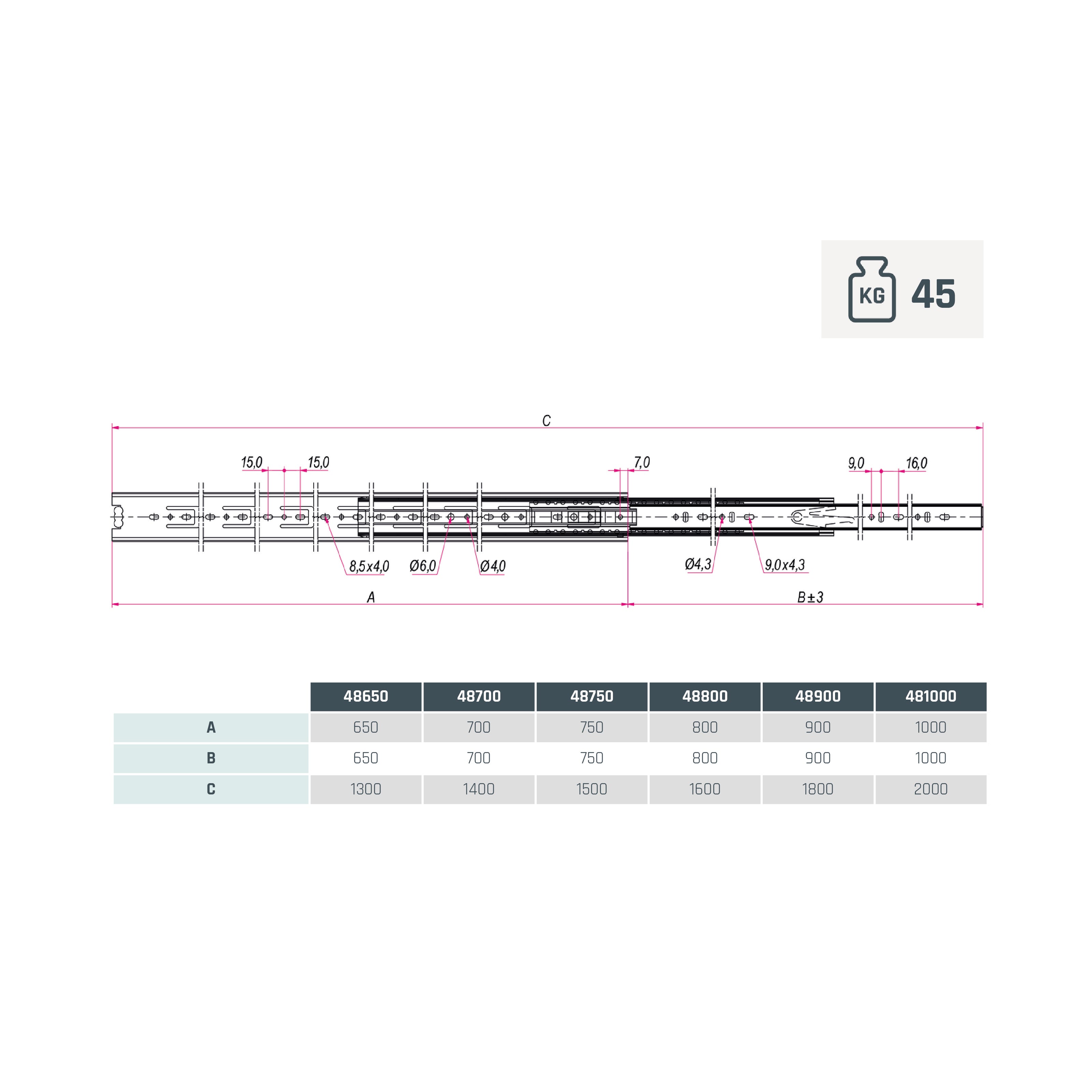 48 - 1000 mm PAR DE GUIAS DE RÓTULAS PARA GAVETA, FECHO STANDARD, EXTENSÃO TOTAL, CAPACIDADE DE CARGA 45 KG (2 PEÇAS) MONTAGEM LATERAL - 3