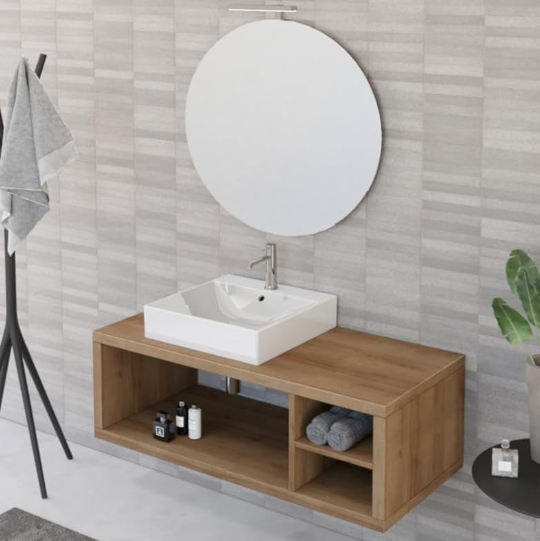 Bagno Sospeso 110cm Rovere Farnia Con Ripiano A Destra E Specchio ...