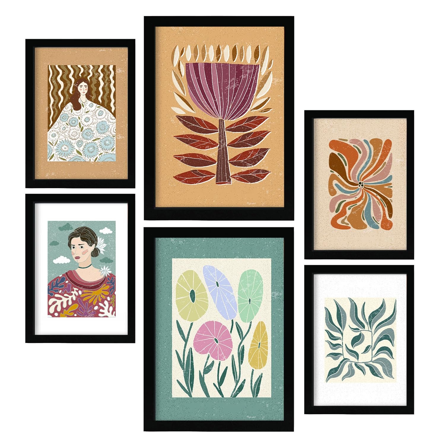 Nacnic set 6 laminas de floret de étnico cuadros decorativos estéticos para su sala de estar dormitorio hogar impresión a4 y a3 con marco negro