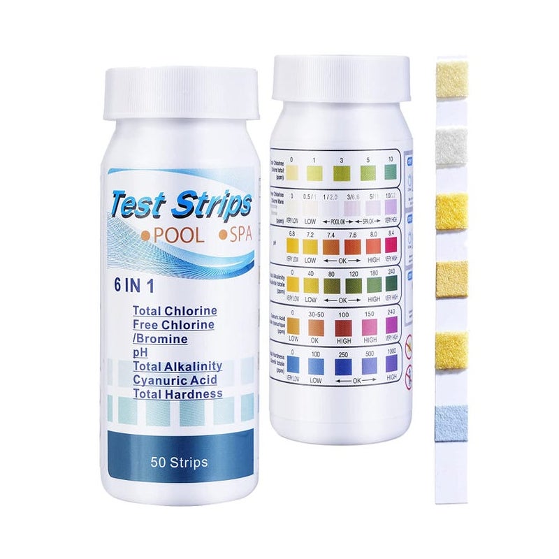 Paski testowe do basenów i spa 6 w 1, 50 pasków do badania chloru, bromu, pH, zasadowości, kwasu cyjanurowego i twardości wody