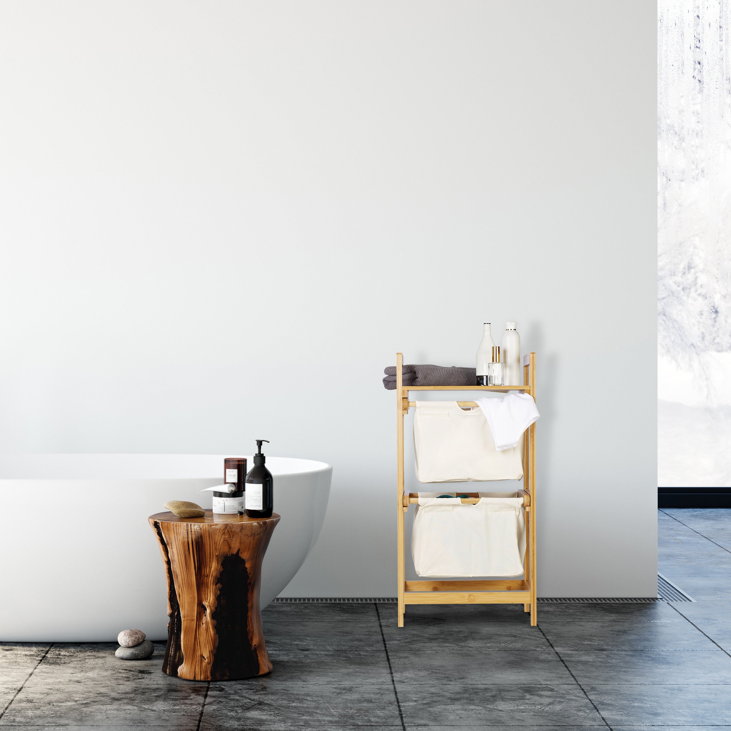 Panier à linge bambou, 2 sacs à linge, 25 L, 2 tiroirs, surface de rangement, coffre à linge, nature, Relaxdays - 3