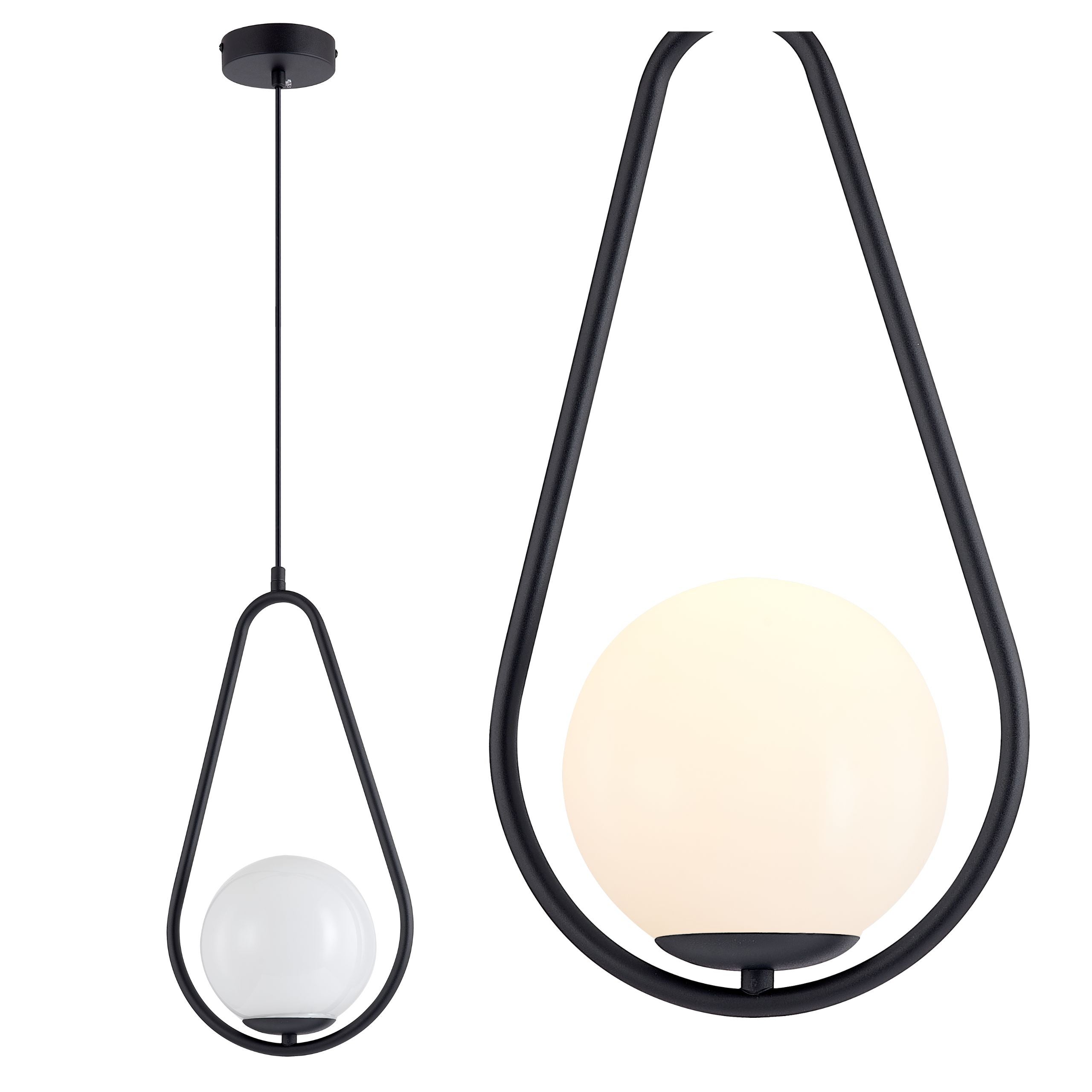 Lampa sufitowa wisząca E27 ozdobna Biały klosz Szklana kula z regulowanym przewodem Czarna oprawa kropla łezka - LEDHOFF