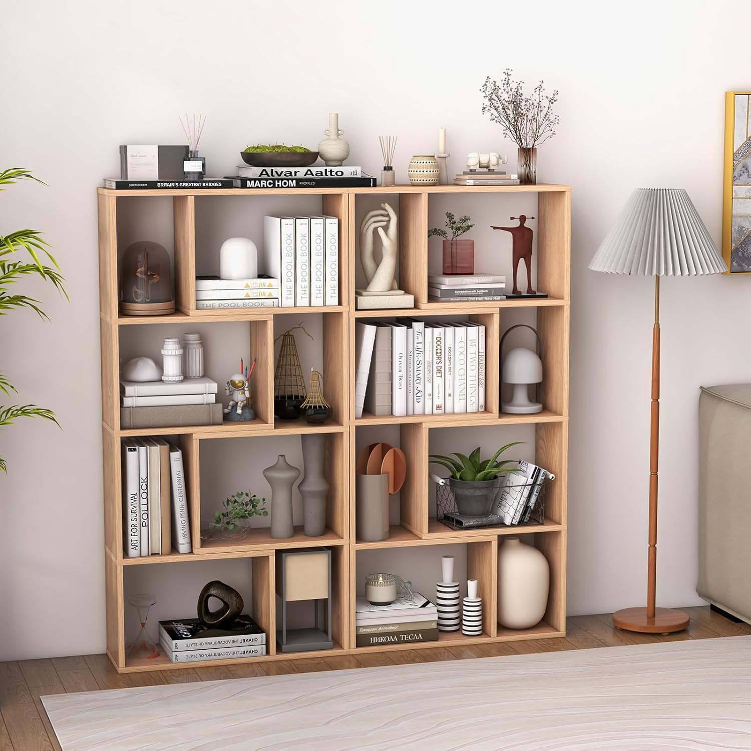 Libreria geometrica in legno, mensola aperta con 8 cubi, scaffale portaoggetti, per camera da letto, 60x20x120 cm (naturale) - 8