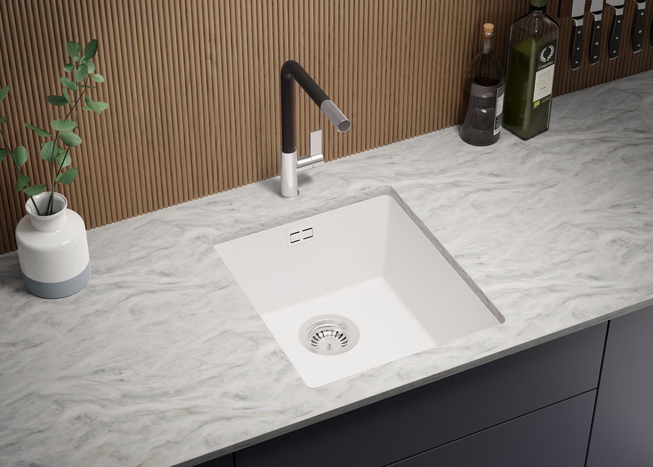 Lavello sottotop Bianco 41x47cm, Lavandino in Granito a 1 vasca + Sifone Classico, Lavabo da Cucina al mobile 45cm - London PRIMAGRAN - 2