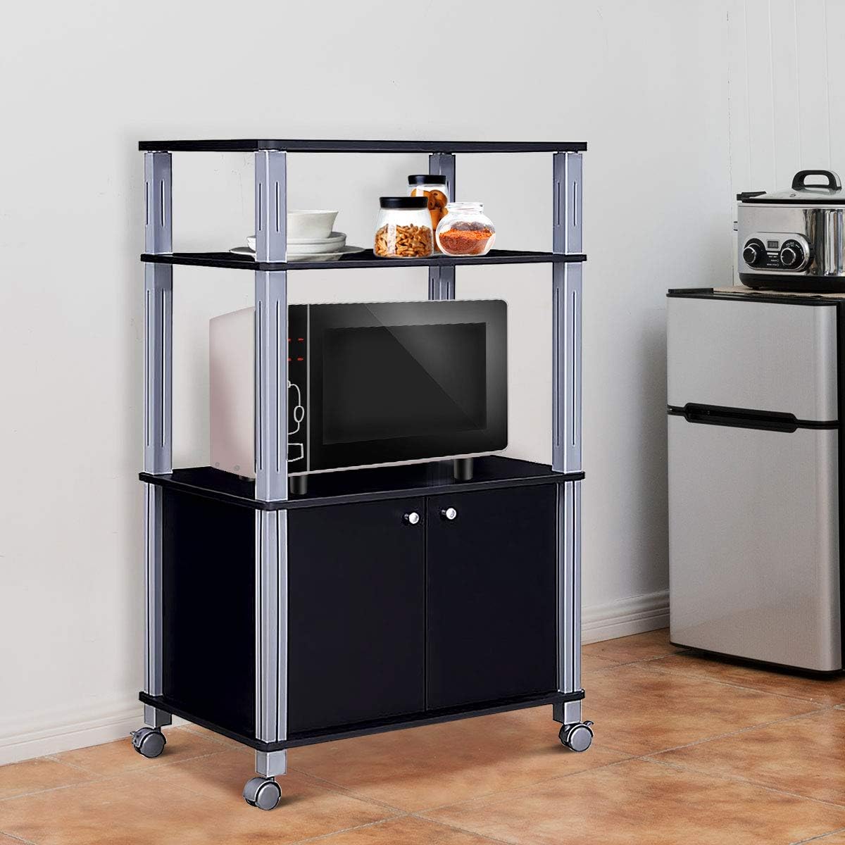 Etagere de Cuisine, Etagere de Micro-Ondes et Four en MDF Robuste, Meuble Rangement a roulettes avec Tiroir et 2 Etageres Ouvertes (Noir) - 7