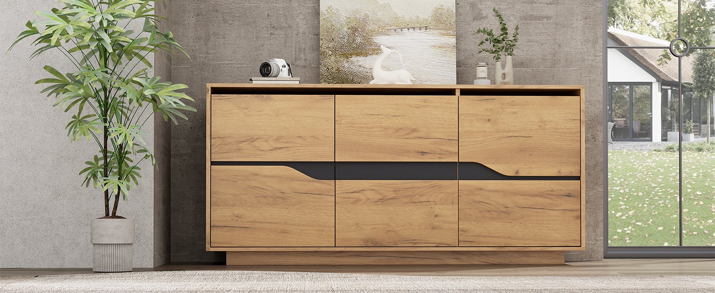 Buffet avec 3 portes, commode - 140 x 40 x 76 cm - Etagères réglables - Panneau de particules - Chêne - 7