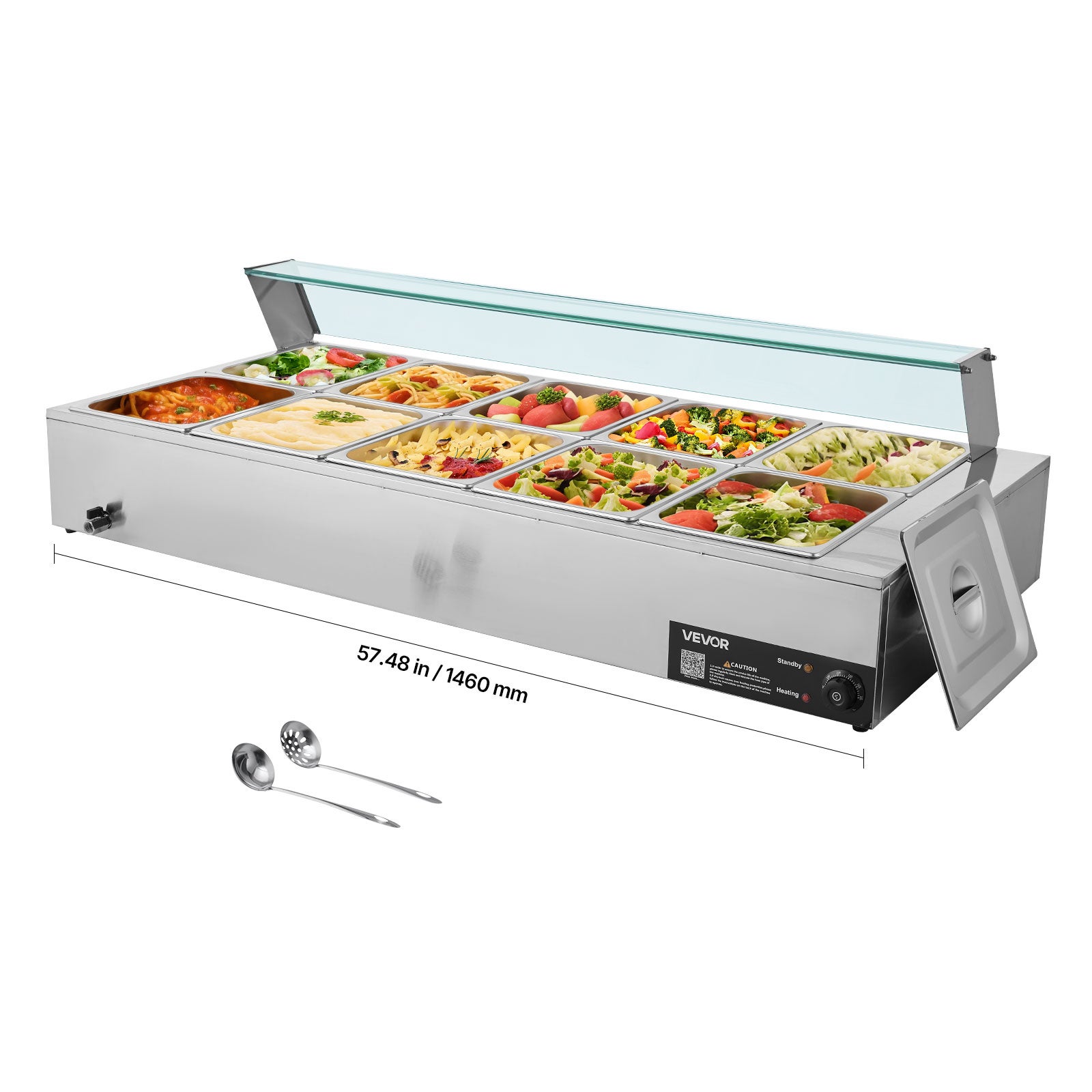 Podgrzewacz Parowy VEVOR 1700 W, Stal Nierdzewna, 10 Pojemników 1/2, Szklana Pokrywa, Do Bufetu