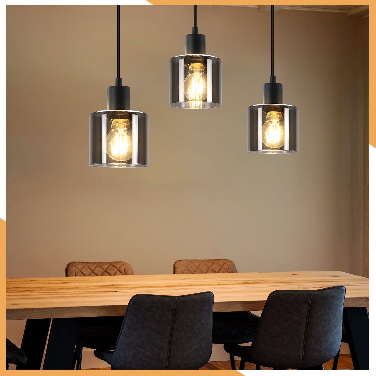 NETTLIFE Lámpara Colgante Vidrio Negro Diam.68 cm E27 Vintage 3 Bombillas Lámpara de Lámpara Industrial Retro para Sala de Estar Hotel Oficina - 8