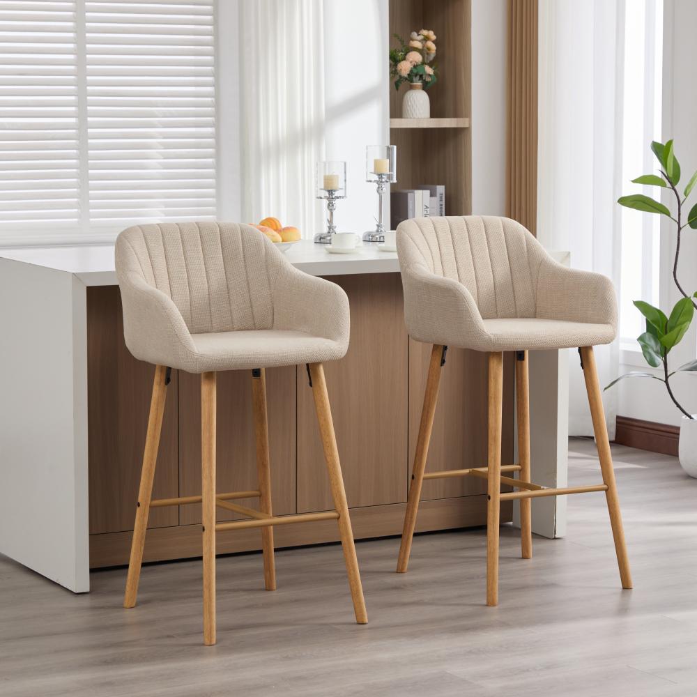 Tabouret de bar moderne vert en lin avec dossier haut et accoudoirs, pieds en bois, lot de 2, style européen pour cuisine ou îlot - 8