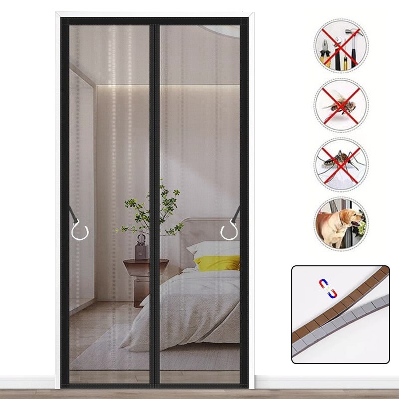 Magnetyczna moskitiera przeciw komarom, samoprzylepna kurtyna do drzwi chroniąca przed owadami z paskiem magnetycznym, 90 cm x 200 cm (czarna)