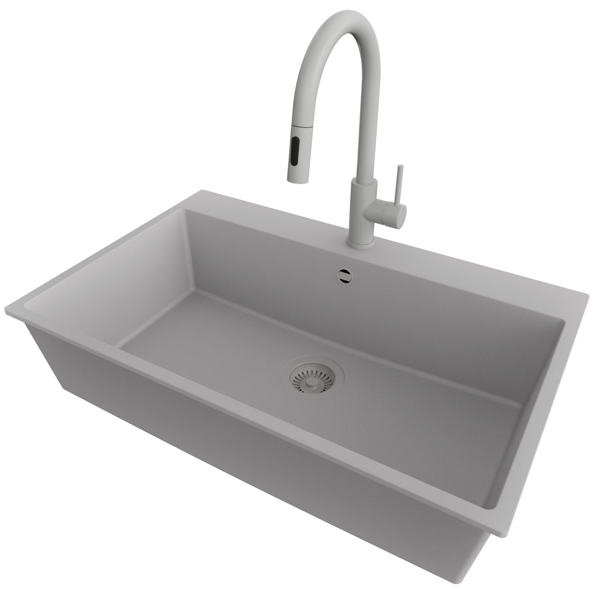 Zlewozmywak Granitowy Szary 78x50cm, Zlew Kuchenny 1 Komorowy + Bateria 40x20cm + Syfon, Nablatowy do szafki od 80cm - Ryga PRIMAGRAN