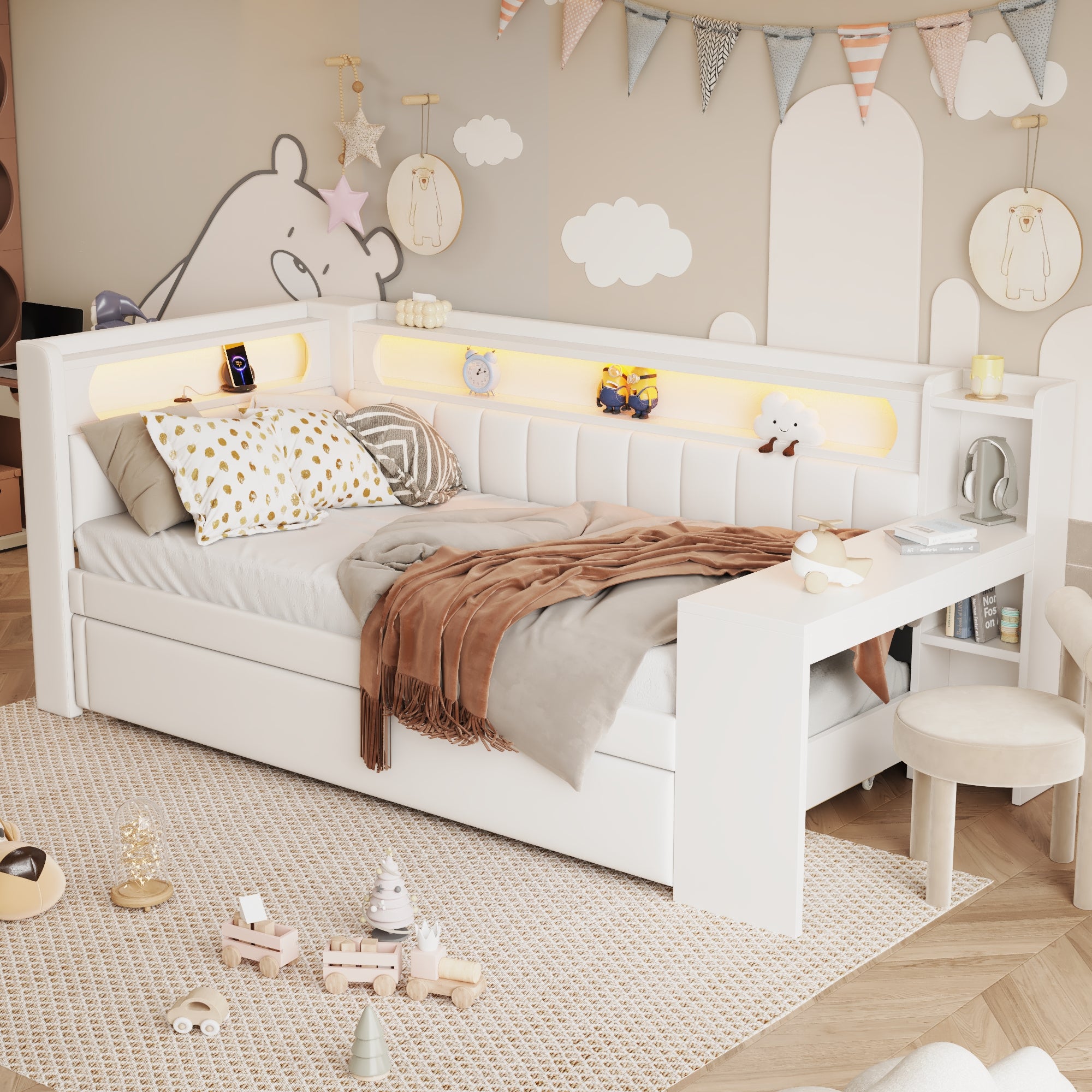 Łóżko wysuwane 90 x 200 cm z biurkiem, 2 szufladami i przegródkami - MDF + sklejka + tkanina lniana - port USB i diody LED - białe (bez materaca) - 3