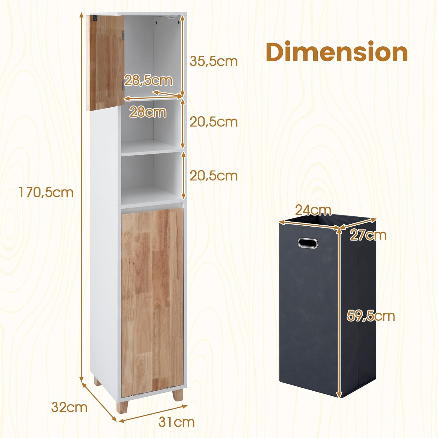 Armadietto da bagno, autoportante, con cesto portabiancheria e scomparti aperti, sottile per bagno, soggiorno e balcone, 32 x 31 x 170,5 cm - 3