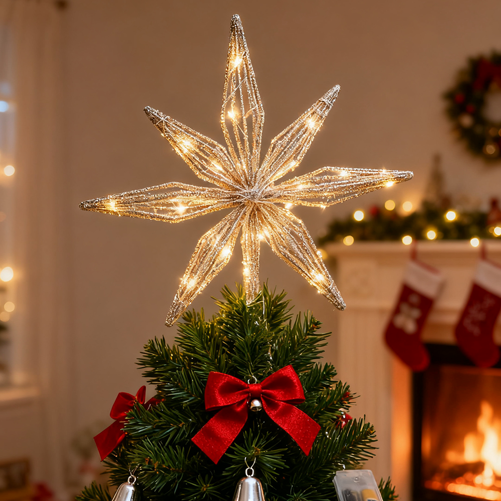 Topo de Árvore de Natal com 20 Luzes LED, Decoração de estrelas para topo de árvore de Natal, Enfeite de Natal em forma de estrela em metal - 2