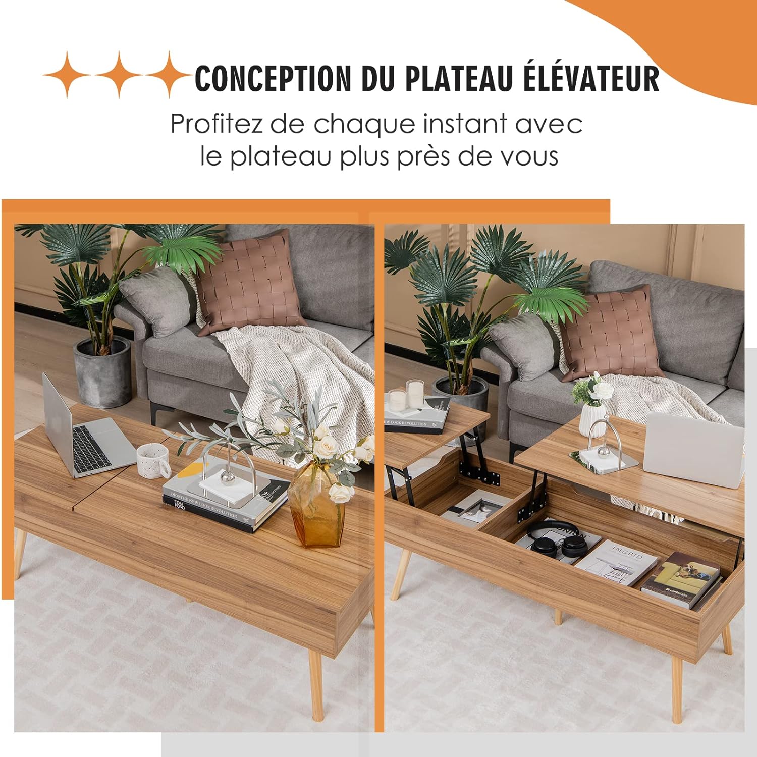 Table Basse Relevable-145x74,5x57cm-2 Plateaux Relevables Séparés-2 Compartiments Cachés-5 Pieds en Bois Solide- Style Moderne-Noyer - 5