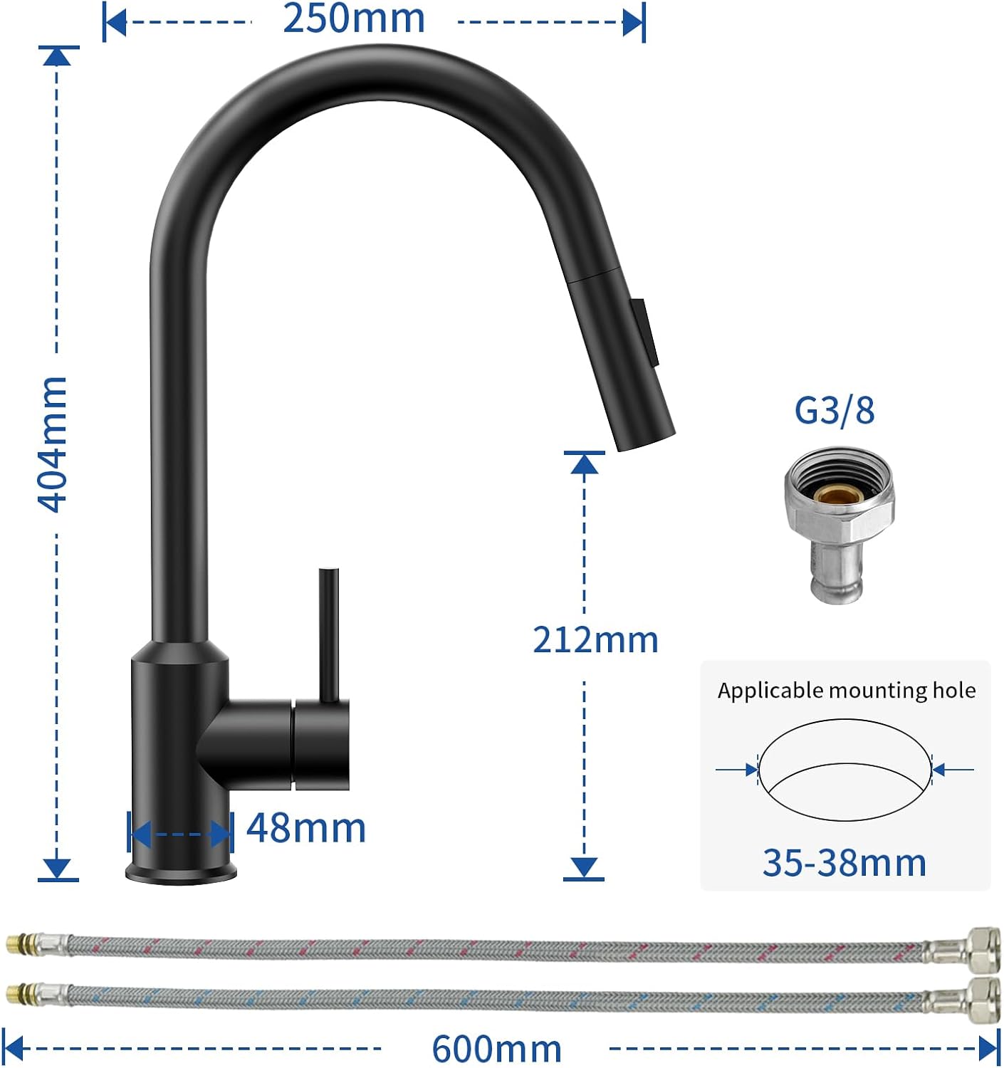 Robinet de Cuisine Professionnel Extensible - Noir Moderne, 2 Jets et Rotation 360° - Installation Facile - 6