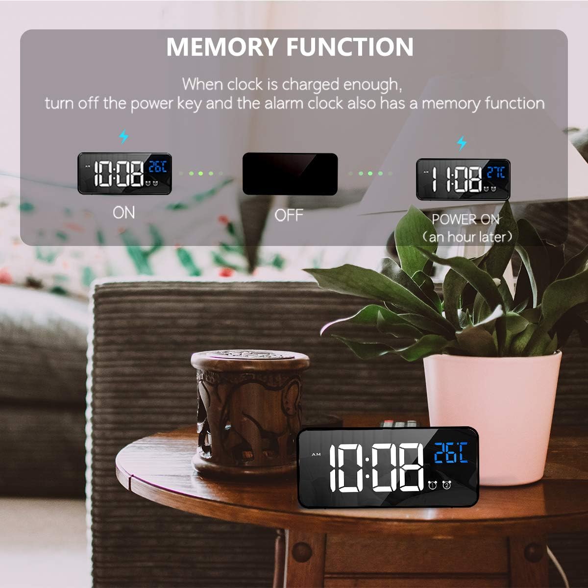 Réveil numérique, réveil LED avec fonction snooze, chargement par port USB (noir) - 5