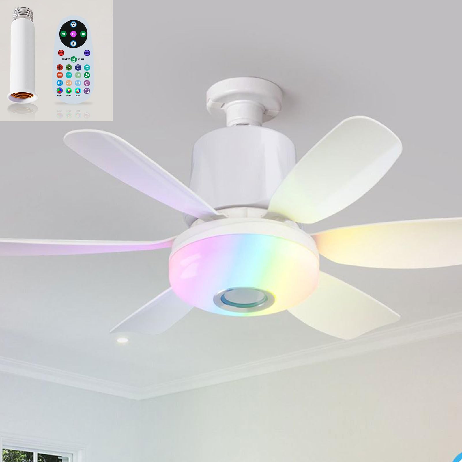 Wentylator sufitowy LED RGB z pilotem i przedłużaczem, 3000 K-6500 K, 3 prędkości, wyłącznik czasowy, cichy, do sypialni lub salonu, biały