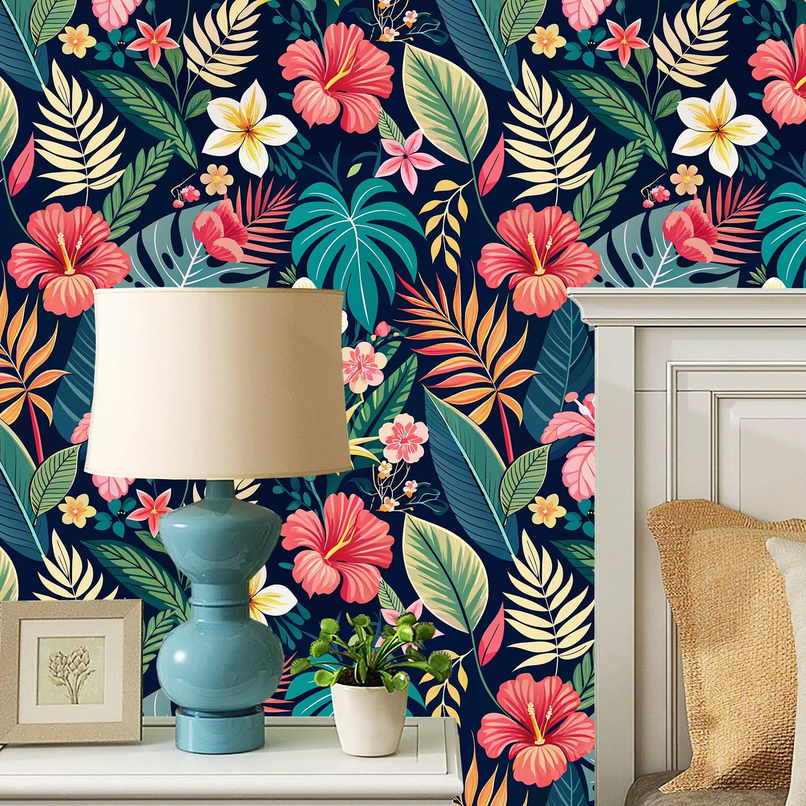 Carta da parati tropicale staccabile e attaccabile, foglie di palma floreali, carta adesiva, , autoadesiva, carta da parati per armadi, ,5 m x 44 cm - 2