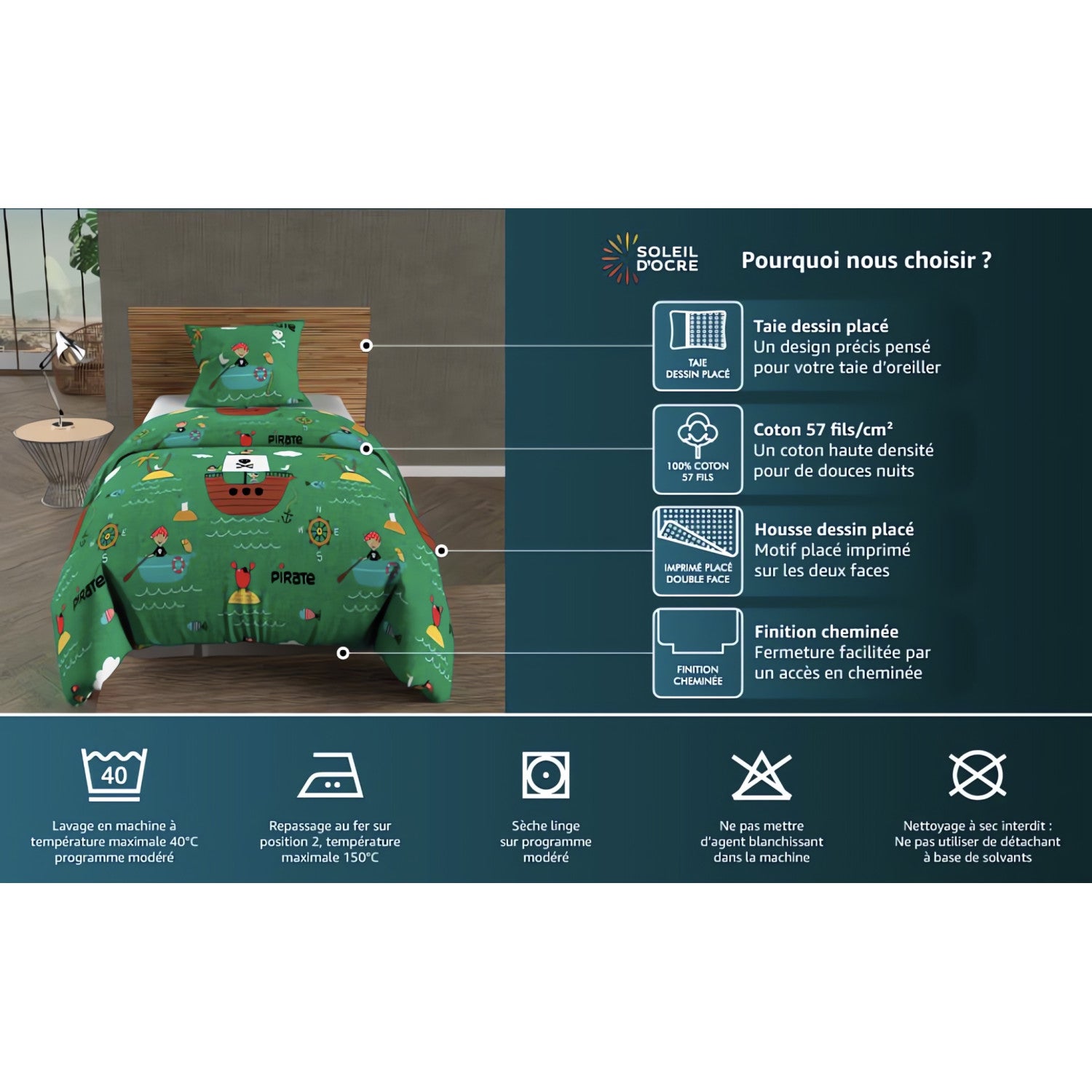 Parure housse de couette 140x200 cm POMPIERS gris, 100% coton 57 fils/cm2, par Soleil d'Ocre - 4