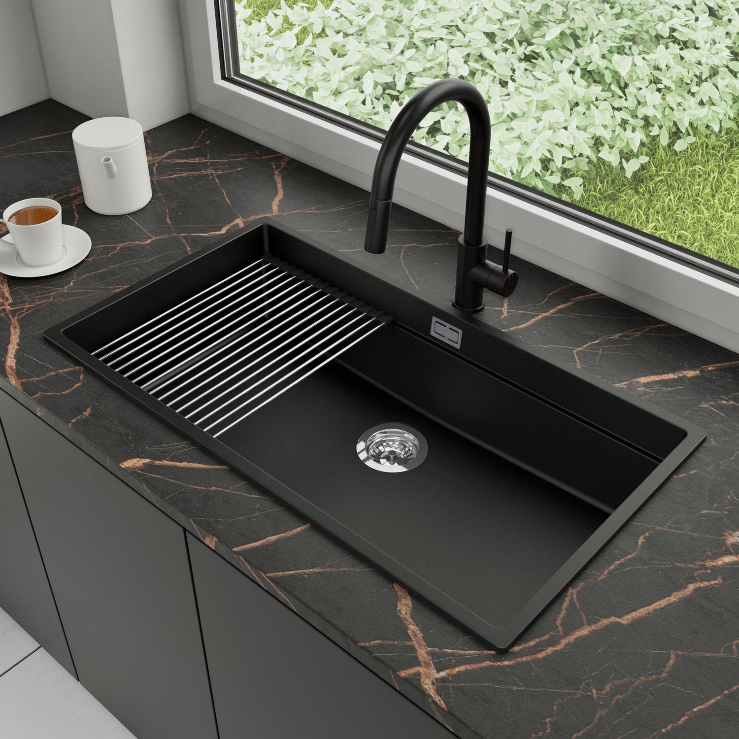 Zlewozmywak Granitowy 86x47cm, do szafki od 90cm + Bateria + Syfon + Zwijany ociekacz - Coral Czarny STONESTYLE
