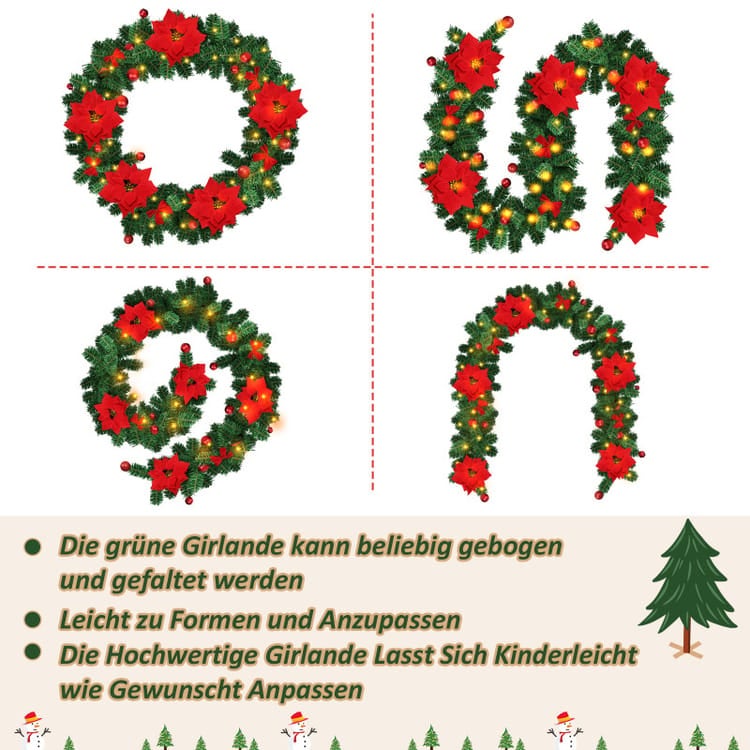Girlanda świąteczna - Sztuczna girlanda choinkowa - do dekoracji drzwi kominka - 2,7 m, zdobiona diodami LED - z czerwoną ornamentacją - 3