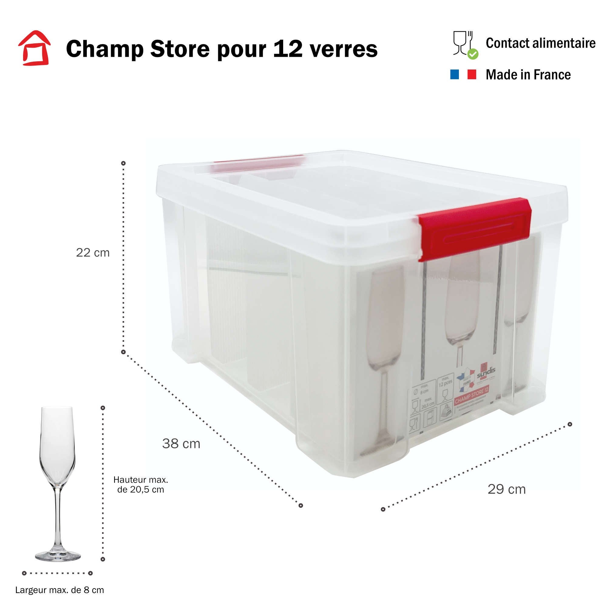 Lot de 3 boîtes de rangement en plastique pour flûtes à champagne, renforcées et transparentes avec couvercle CHAMP STORE - 2